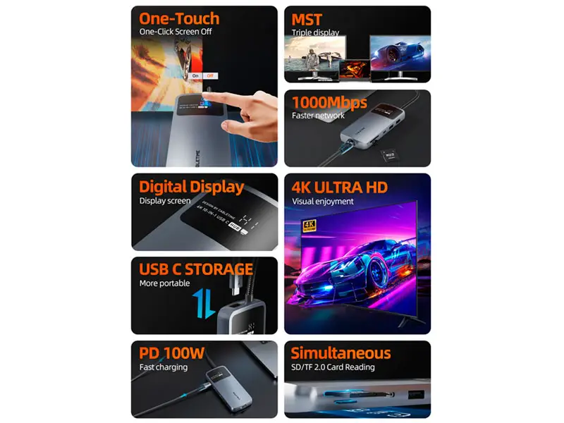Docking Station CABLETIME CB84G USB-C a 10 Puertos: HDMI USB-A UBS-C 1SDTF 1LAN - Imagen 3