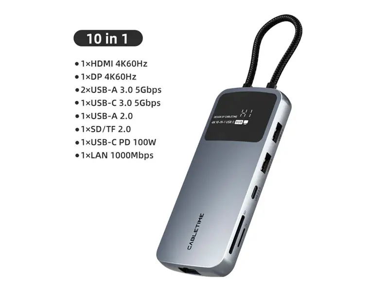 Docking Station CABLETIME CB84G USB-C a 10 Puertos: HDMI USB-A UBS-C 1SDTF 1LAN - Imagen 2