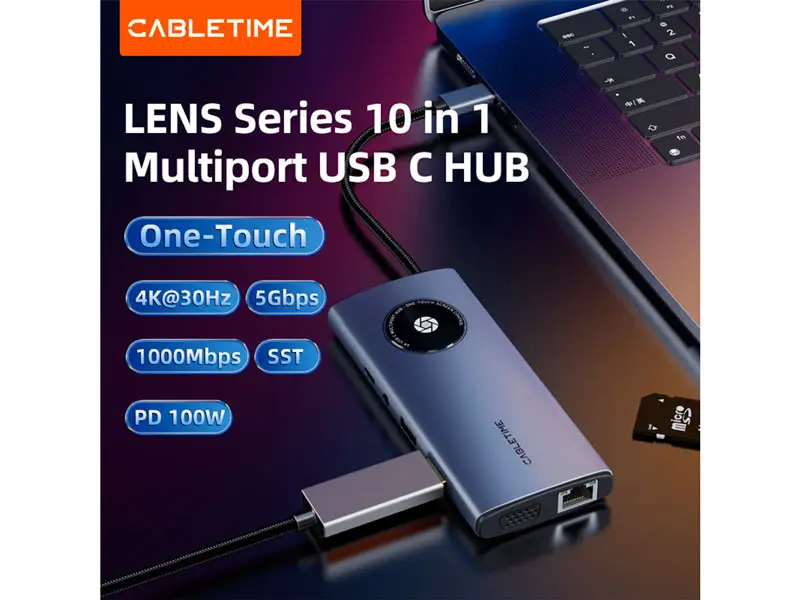 Docking Station CABLETIME CB91G USB-C a 10 Puertos: HDMI USB-A UBS-C 1SDTF 1LAN VGA - Imagen 3