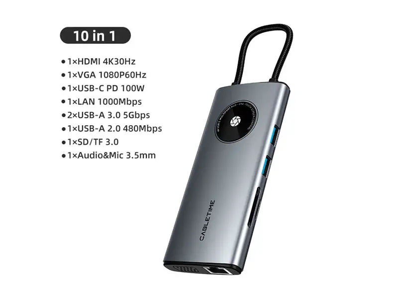 Docking Station CABLETIME CB91G USB-C a 10 Puertos: HDMI USB-A UBS-C 1SDTF 1LAN VGA - Imagen 2