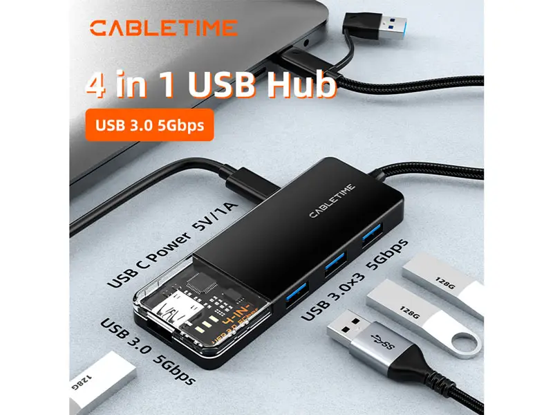 HUB CABLETIME CB03B USB-A + USB-C a 4 USB-A 3.0 - Imagen 3
