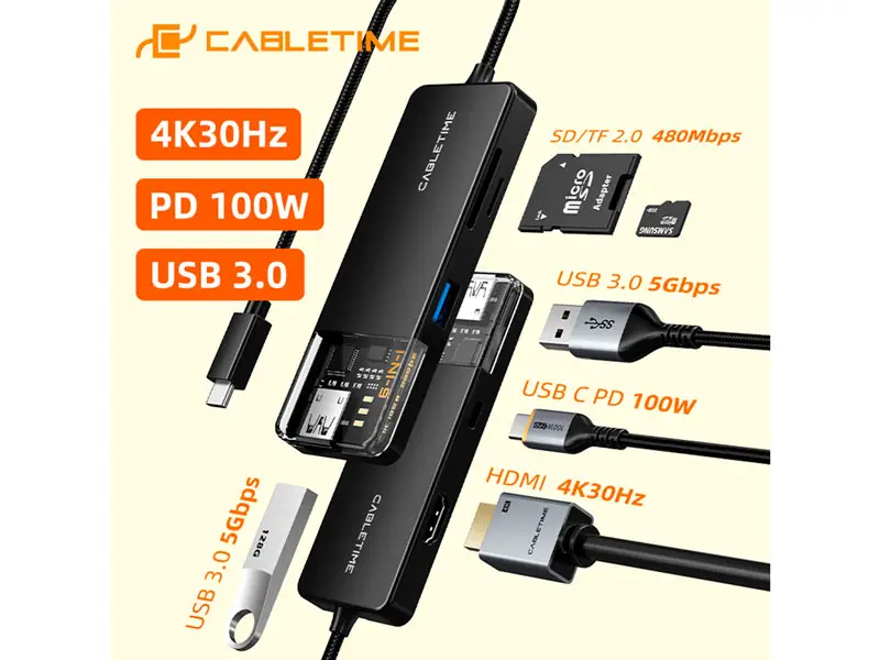 HUB CABLETIME CB04B USB-C a 6 Puertos : HDMI USB-A USB-C 1SD/TF Macbook Pro/Air - Imagen 3