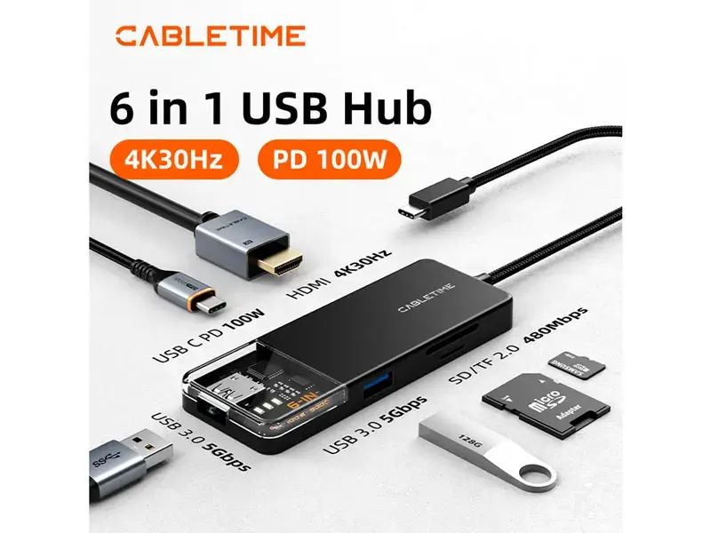 HUB CABLETIME CB04B USB-C a 6 Puertos : HDMI USB-A USB-C 1SD/TF Macbook Pro/Air - Imagen 2