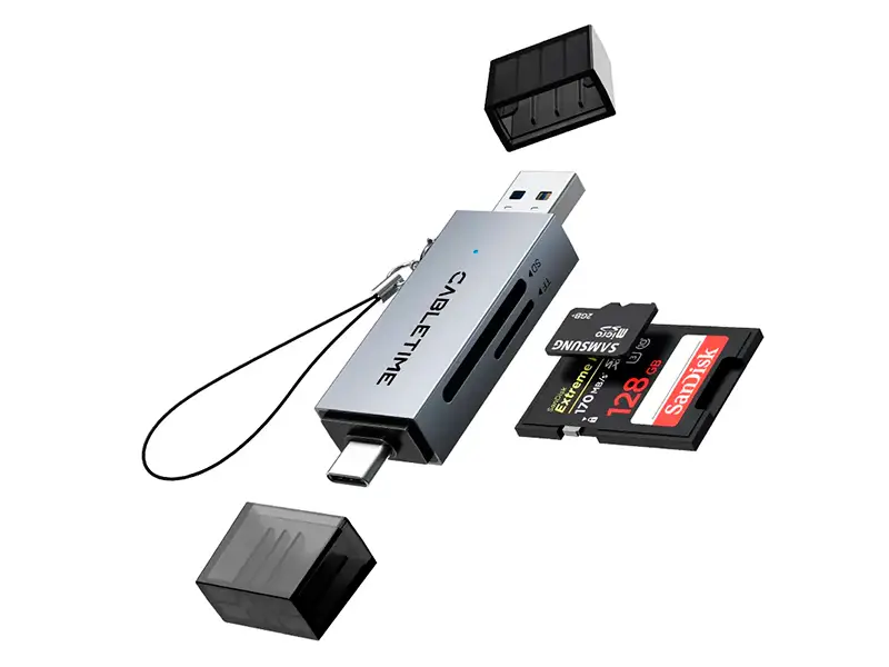 Lector de Tarjeta CABLETIME CD40G USB-C y USB-A a SD 2 en 1 SDXC SDHC RS-MMC MicroSDXC