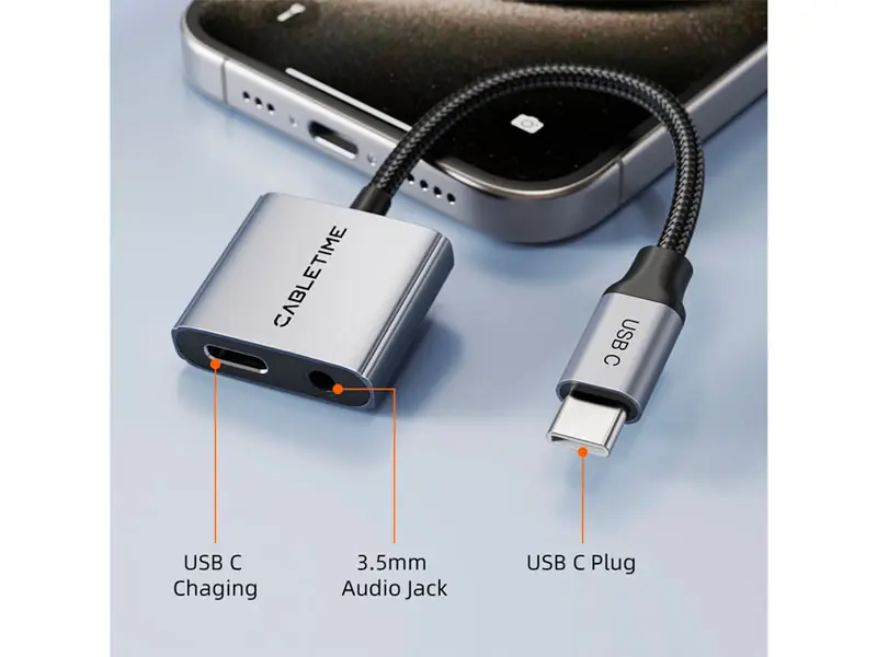 Adaptador USB-C a Audio 3.5mm CABLETIME CPA1G PD60W - Imagen 3