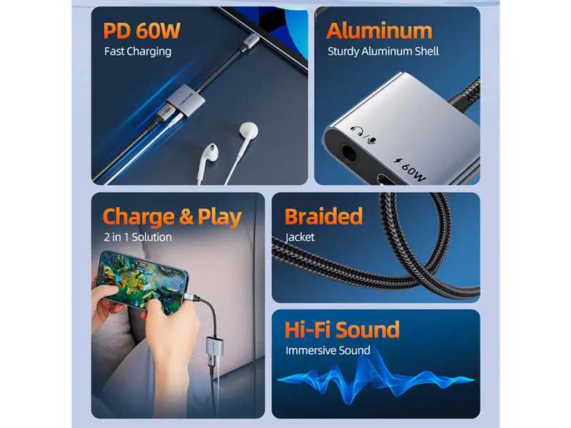 Adaptador USB-C a Audio 3.5mm CABLETIME CPA1G PD60W - Imagen 2