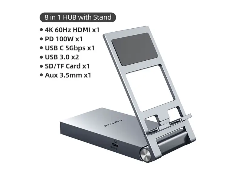 Soporte para celular/Tablet CABLETIME HUB USB-C 8 en 1 SD/HDMI/SD/AUDIO/PD 100W CB04G - Imagen 3