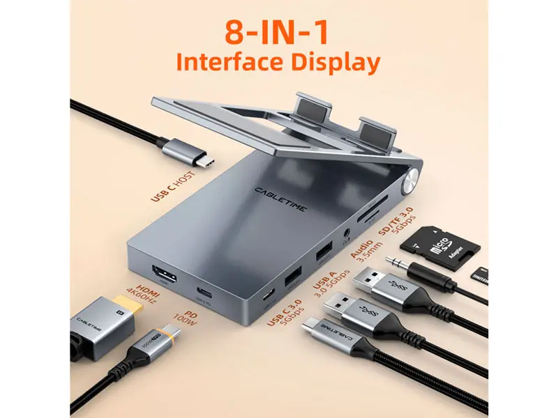 Soporte para celular/Tablet CABLETIME HUB USB-C 8 en 1 SD/HDMI/SD/AUDIO/PD 100W CB04G - Imagen 2