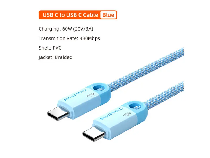 Cable USB-C a USB-C 1mt CABLETIME CUP3H USB-C PD60W Celeste - Imagen 2