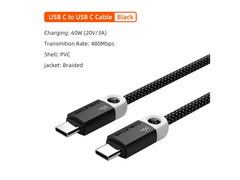 Cable USB-C a USB-C 1mt CABLETIME CUP4H PD60W Black - Imagen 3