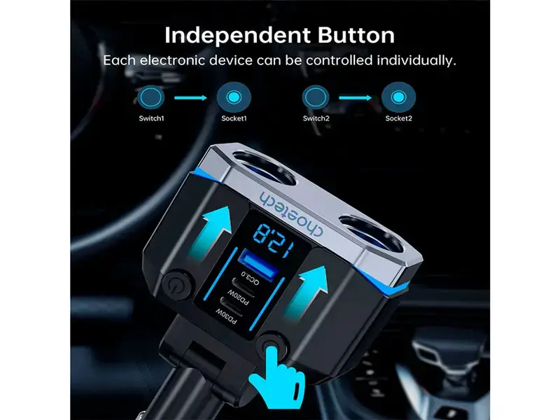 Cargador TC0020 CHOETECH de coche 45W 2 USB-C + 1 USB-A con encendedor - Imagen 2