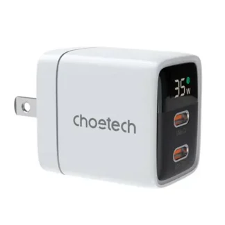 Cargador de pared CHOETECH GaN 2-USB-C PD35W con pantalla digital Blanco