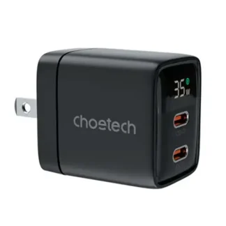 Cargador de pared CHOETECH GaN 2-USB-C PD35W con pantalla digital Black