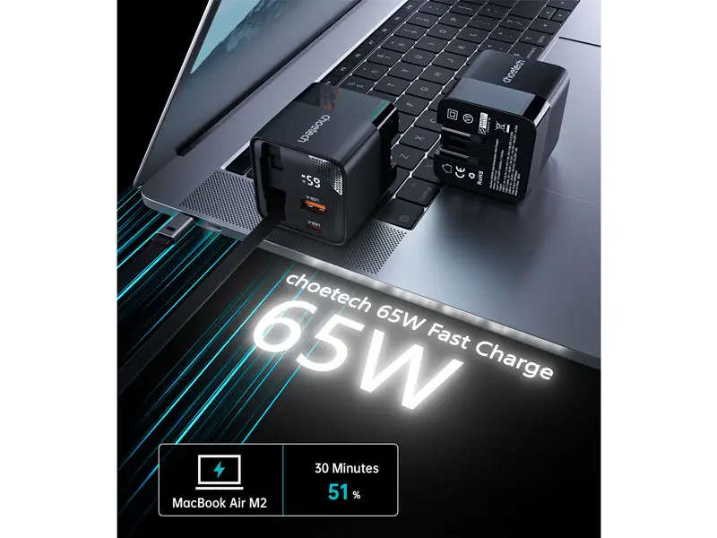 Cargador de pared CHOETECH GaN 1-USB-A y 1-USB-C PD65W cable retractil de 0.8mts Black - Imagen 3
