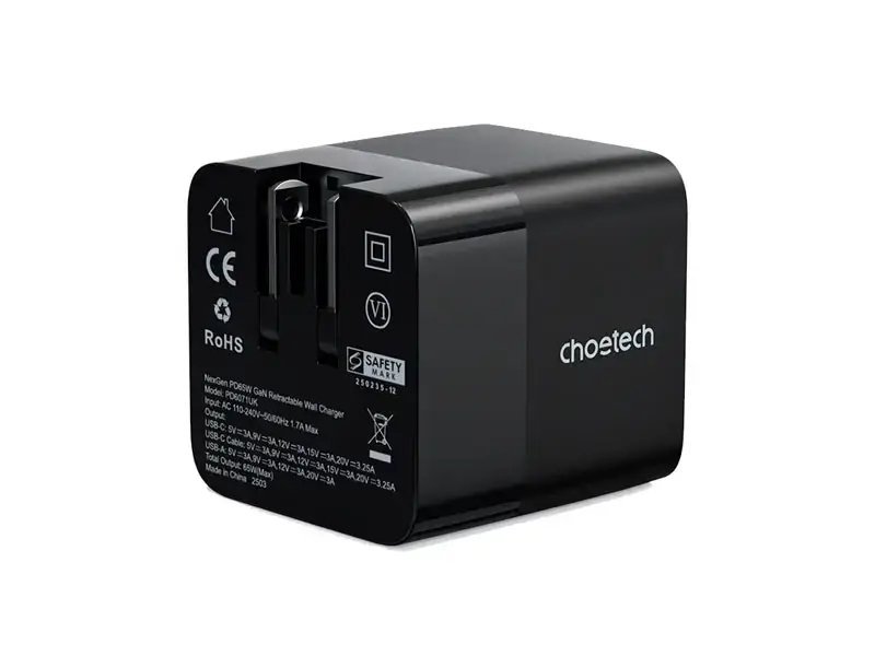 Cargador de pared CHOETECH GaN 1-USB-A y 1-USB-C PD65W cable retractil de 0.8mts Black - Imagen 2