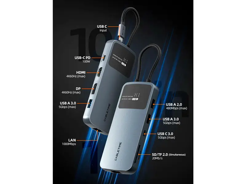 HUB CABLETIME CB80G USB-C a 10 Puertos: HDMI8K USB-A UBS-C 1SDTF 1LAN - Imagen 2