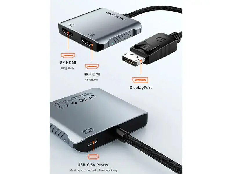 Adaptador DisplayPort a HDMI USB-C CABLETIME CB74G 4K/8K PD100W - Imagen 2