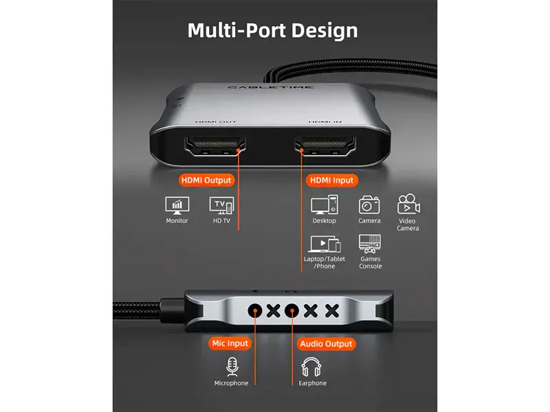 Capturador de Video CABLETIME CB67G HDMI 4K a USB-A USB-C - Imagen 2