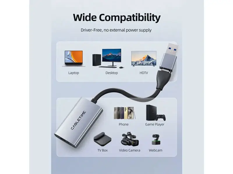 Capturador de Video CABLETIME CB65G HDMI hembra a USB-A USB-C macho 3.0 - Imagen 3