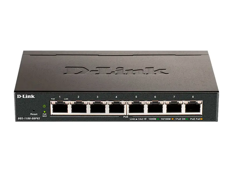 Switch D-Link DGS-1100-08P Capa2 , 8 ports RJ-45 LAN GbE, PoE, Auto MDI/MDIX.