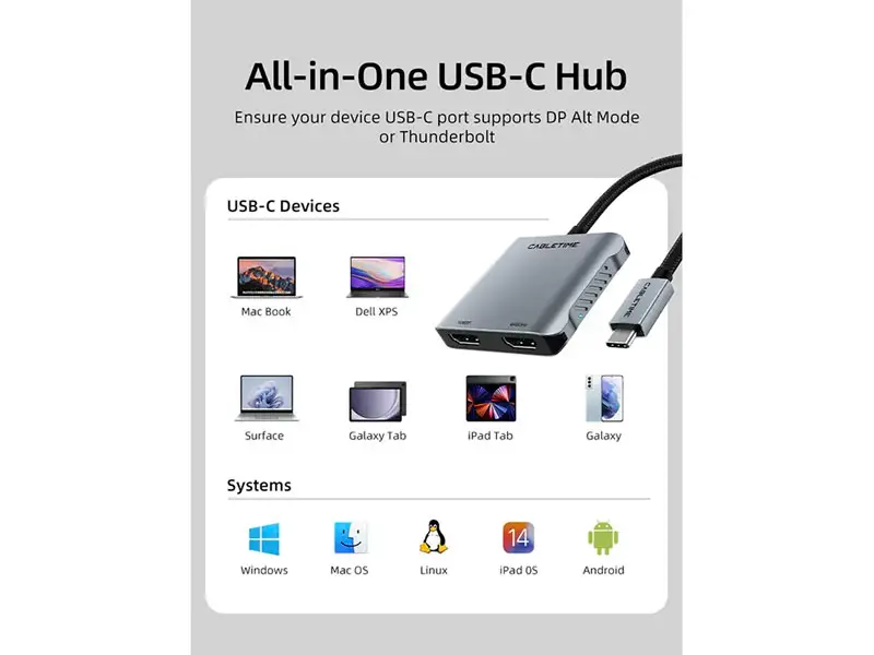 Adaptador USB-C a HDMI CABLETIME CB76G 4 en 1 4K PD100W - Imagen 2