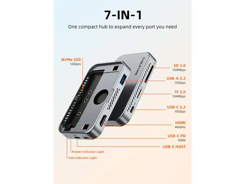 HUB CABLETIME CB34S USB-C a 7 en 1 Magnetico HDMI USB - Imagen 3
