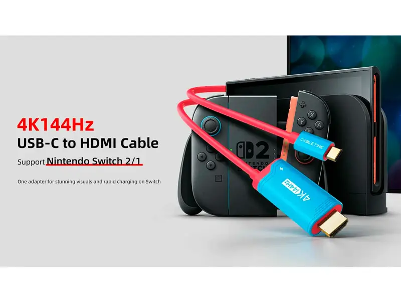 Cable USB-C a HDMI 2mts CABLETIME CC25L PD100W 4K 144Hz Rojo /Azul - Imagen 3
