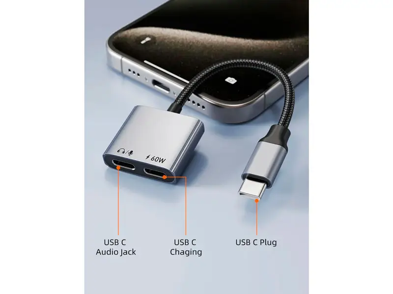 Adaptador USB-C a USB-C Audio 3.5mm CABLETIME CPA2G PD60W - Imagen 2